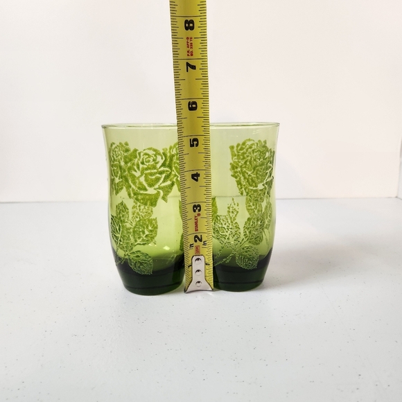 Vintage 1950s Avocado Green Raised Leaf High Ball Tumblers Glasses MCM Roses - Picture 4 of 6